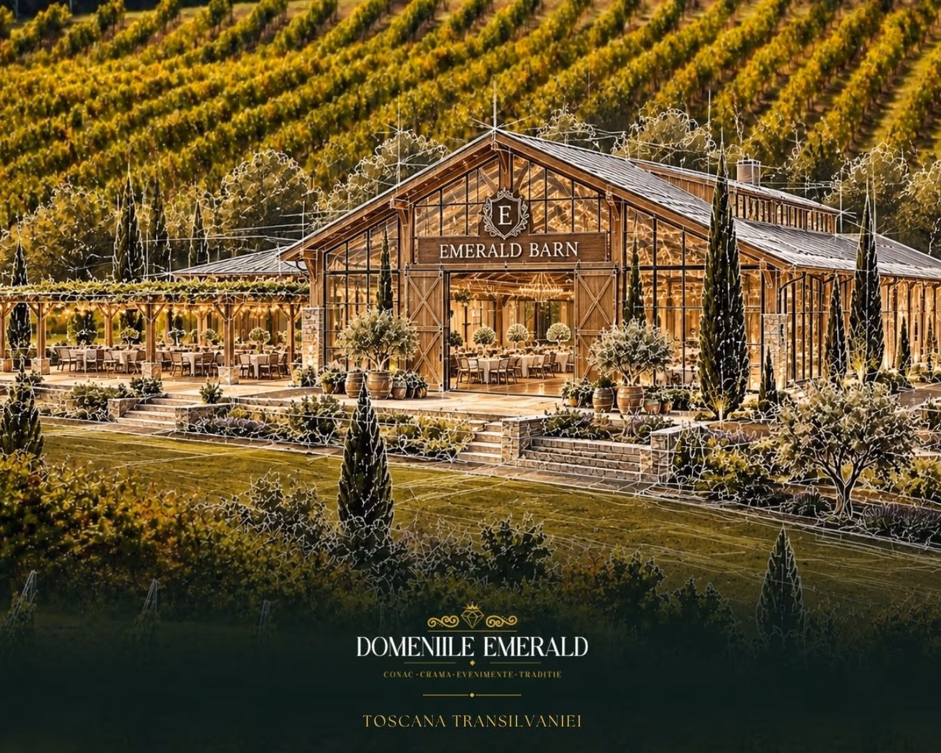 Viziune Emerald Barn: hambar de nuntă cu pergolă, în fața podgoriei, Mureș