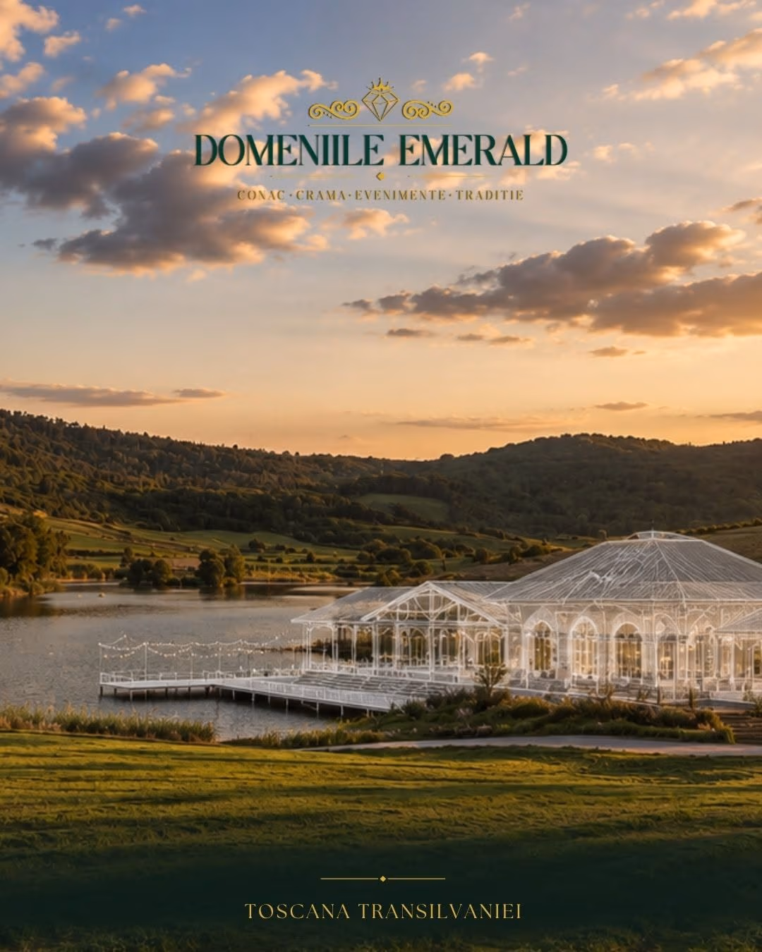 Viziune a unui pavilion de sticlă pe malul lacului, Domeniile Emerald, Mureș